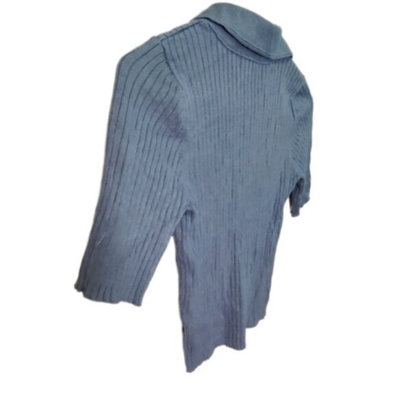 DYNAMITE Blue Collared VNeck Short Sleeve Ribbed Knit Academia Prep Sweater - Picture 2 of 7